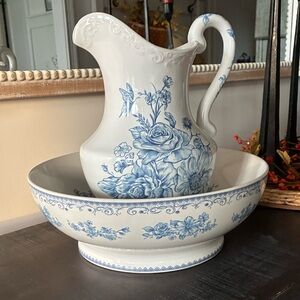 Elegant Blue Floral Pitcher and Bowl Set